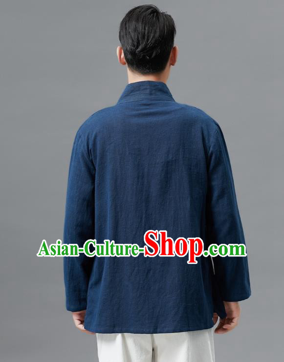 Chinese Traditional Costume Tang Suit Navy Shirts National Mandarin Outer Garment for Men