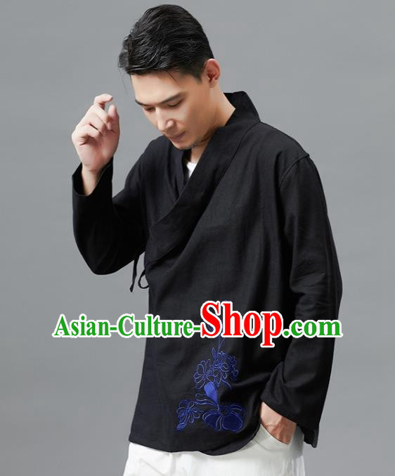 Chinese Traditional Costume Tang Suit Black Shirts National Mandarin Outer Garment for Men