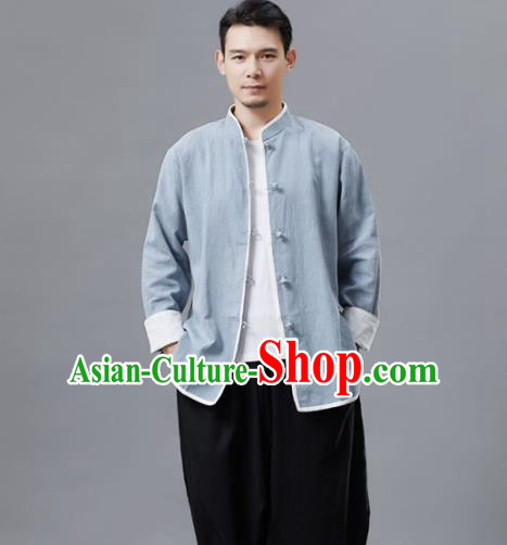 Chinese Traditional Costume Tang Suit Blue Shirts National Mandarin Outer Garment for Men