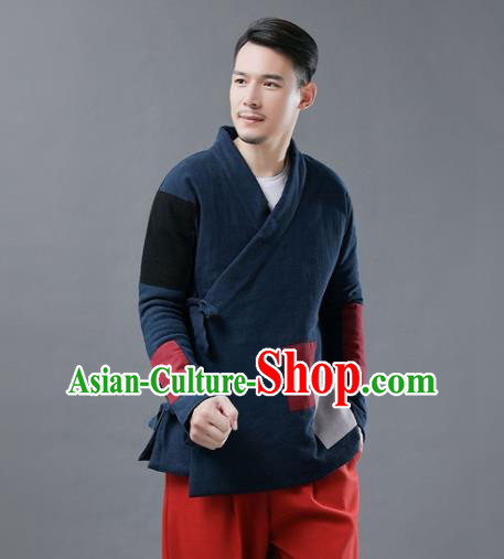 Chinese Traditional Costume Tang Suits Cotton Padded Jacket National Navy Mandarin Shirt for Men