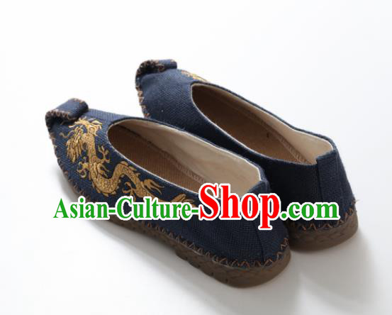 Chinese Traditional Martial Arts Shoes Kung Fu Shoes Embroidered Dragon Navy Linen Monk Shoes for Men