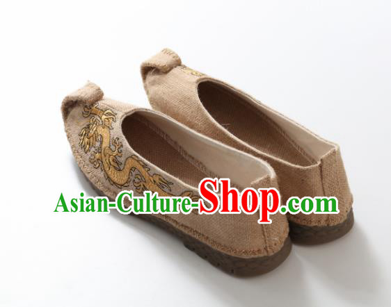 Chinese Traditional Martial Arts Shoes Kung Fu Shoes Embroidered Dragon Beige Linen Monk Shoes for Men