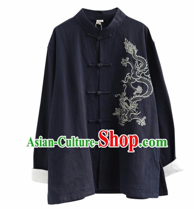 Chinese Traditional Costume Tang Suit Navy Linen Shirts National Mandarin Outer Garment for Men