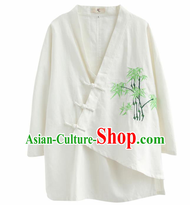 Chinese Traditional Costume Tang Suit Embroidered Bamboo White Shirts National Mandarin Outer Garment for Men
