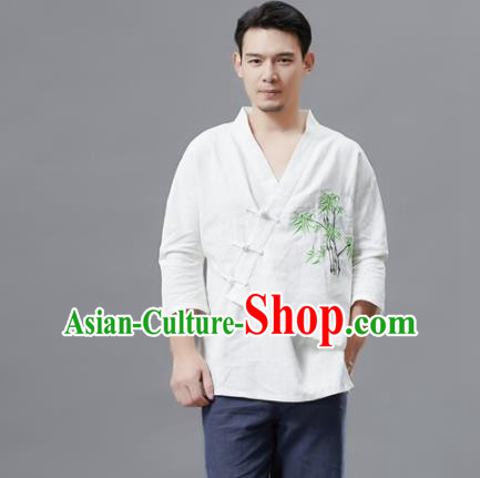 Chinese Traditional Costume Tang Suit Embroidered Bamboo White Shirts National Mandarin Outer Garment for Men