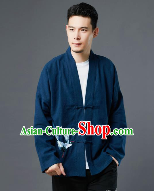 Chinese Traditional Costume Tang Suit Embroidered Cranes Navy Shirts National Mandarin Jacket for Men