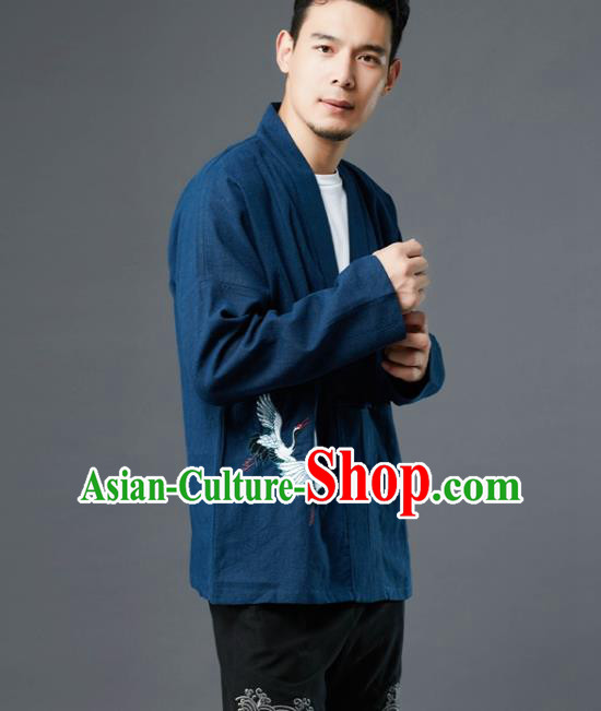 Chinese Traditional Costume Tang Suit Embroidered Cranes Navy Shirts National Mandarin Jacket for Men