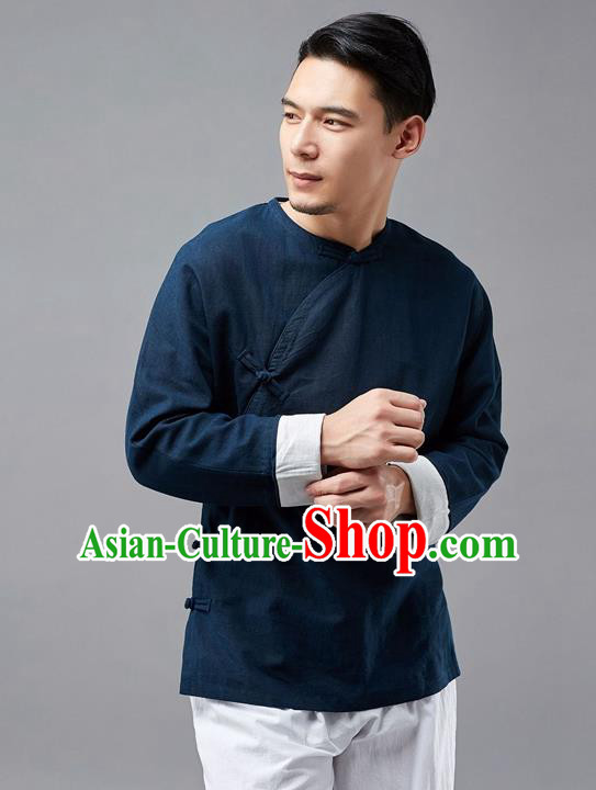Chinese Traditional Costume Tang Suit Navy Shirts National Mandarin Jacket for Men