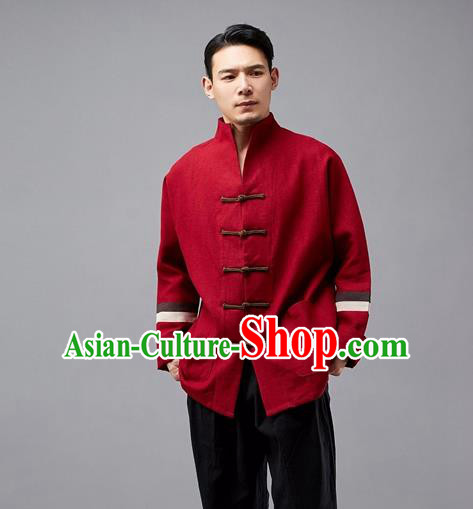 Chinese Traditional Costume Tang Suit Red Overcoat National Mandarin Jacket for Men
