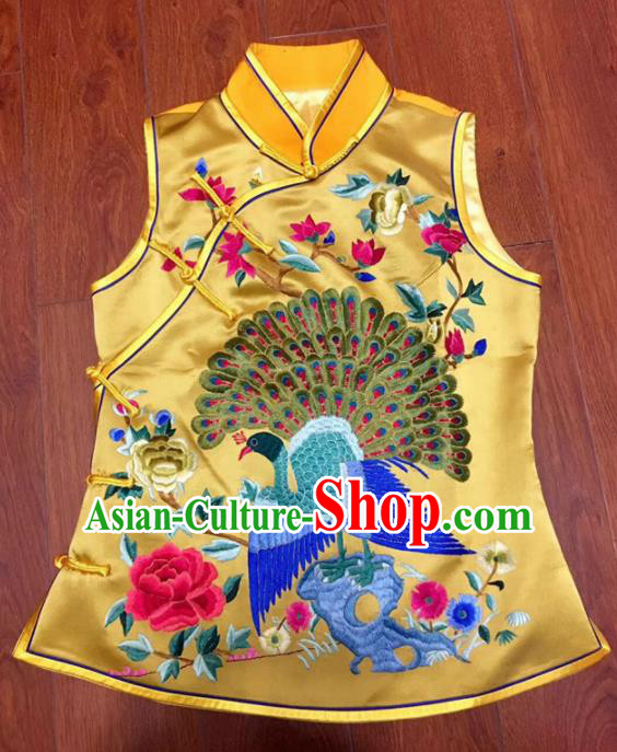 Chinese Traditional Costume Tang Suit Embroidered Yellow Vest National Silk Waistcoat for Women