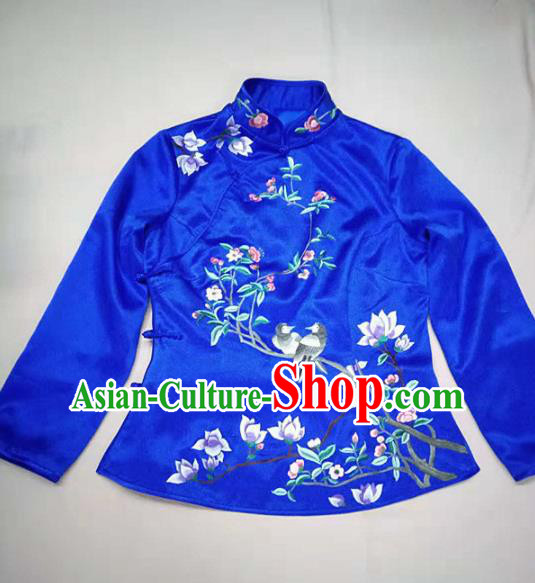 Chinese Traditional Costume Tang Suit Embroidered Blue Blouse National Silk Qipao Shirt for Women