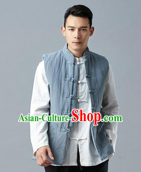 Chinese Traditional Costume Tang Suit Blue Vest National Mandarin Waistcoat for Men