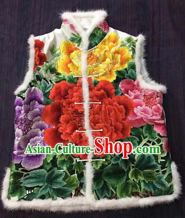 Chinese Traditional Costume Tang Suit Embroidered Peony Vest National White Silk Waistcoat for Women