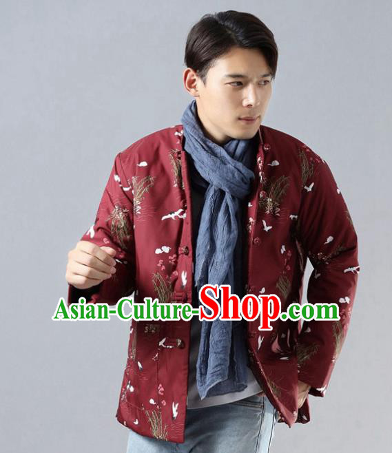 Chinese Traditional Costume Tang Suit Red Cotton Padded Jacket National Mandarin Overcoat for Men