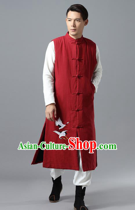 Chinese Traditional Costume Tang Suit Red Cotton Padded Vest National Mandarin Overcoat for Men