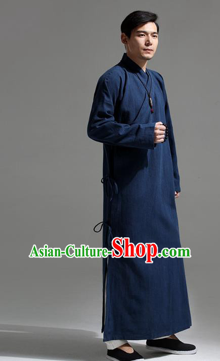 Chinese Traditional Costume Tang Suit Slant Opening Robe National Navy Mandarin Gown for Men