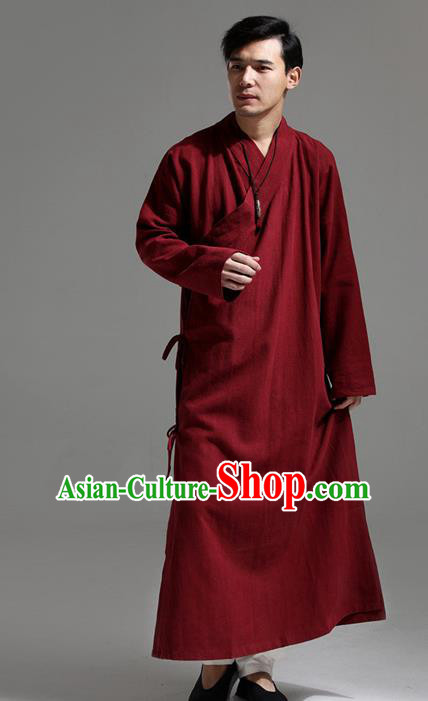 Chinese Traditional Costume Tang Suit Slant Opening Robe National Red Mandarin Gown for Men