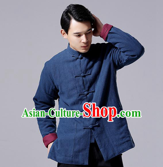 Chinese Traditional Costume Tang Suit Overcoat National Mandarin Navy Jacket for Men
