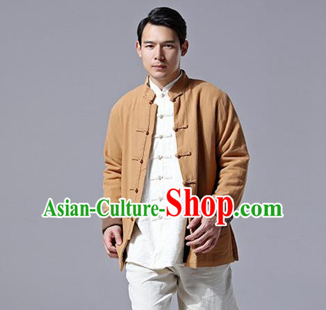 Chinese Traditional Costume Tang Suit Overcoat National Mandarin Khaki Jacket for Men