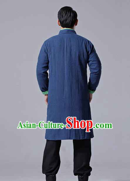 Chinese Traditional Costume Tang Suit Navy Overcoat National Mandarin Dust Coat for Men