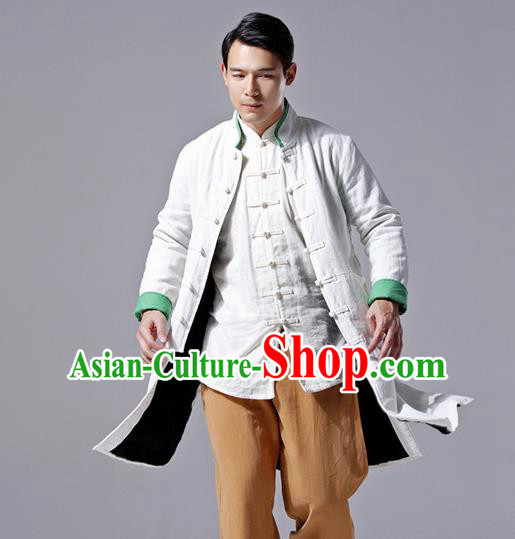 Chinese Traditional Costume Tang Suit White Overcoat National Mandarin Dust Coat for Men