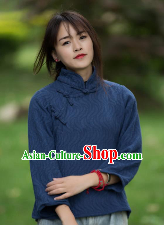 Chinese Traditional Costume Tang Suit Navy Shirts National Qipao Blouse for Women
