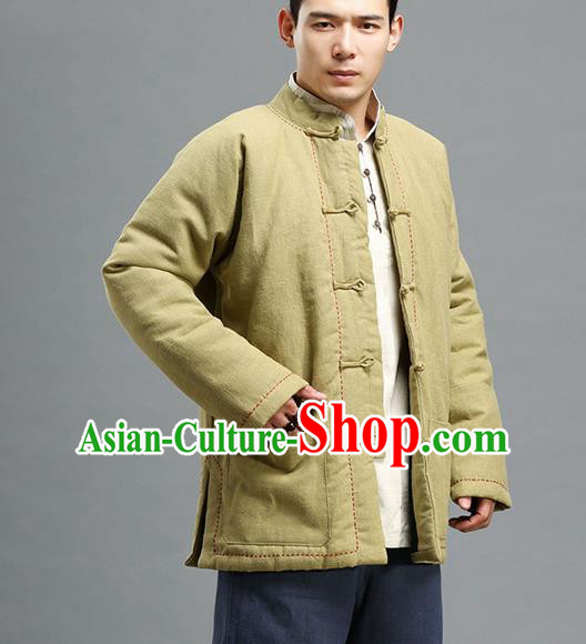 Chinese Traditional Costume Tang Suit Khaki Overcoat National Mandarin Cotton Wadded Jacket for Men
