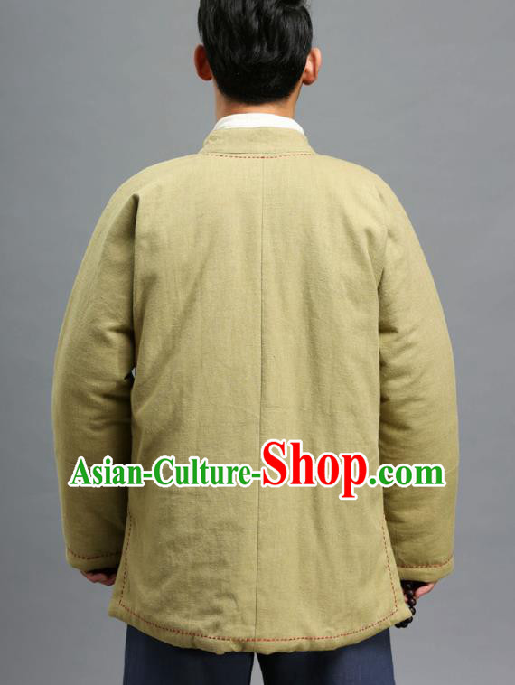 Chinese Traditional Costume Tang Suit Khaki Overcoat National Mandarin Cotton Wadded Jacket for Men
