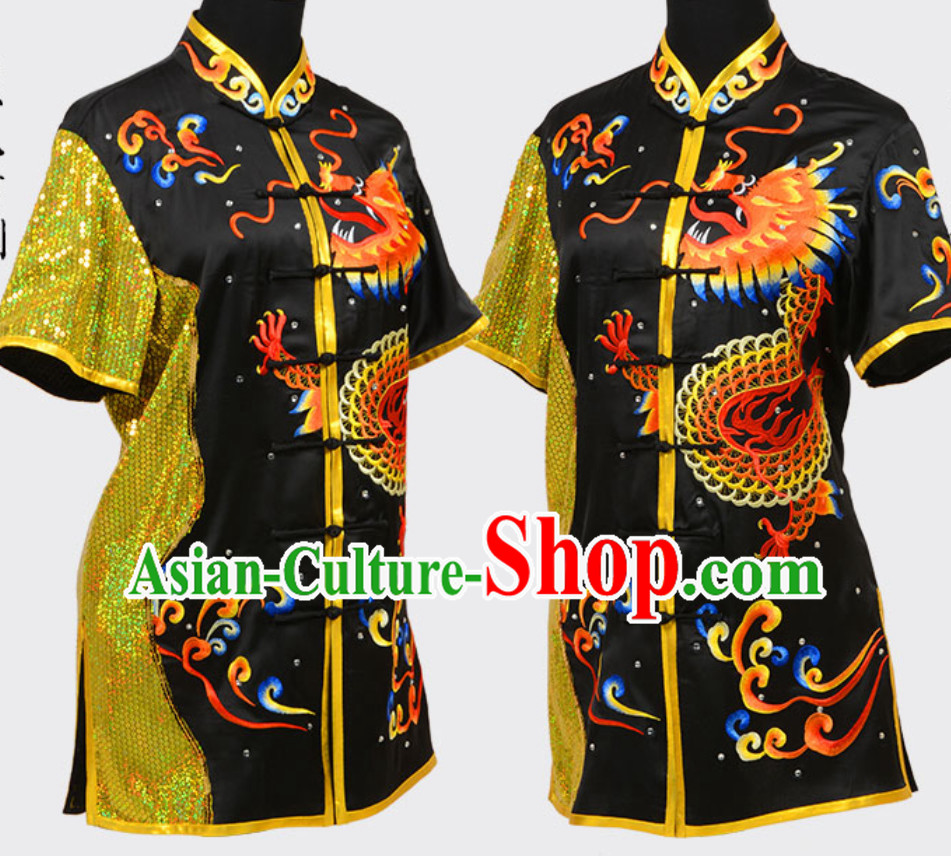 Black Top Short Sleeves Asian Embroidered Dragon Tai Chi Clothes Martial Arts Uniform Complete Set for Men or Women