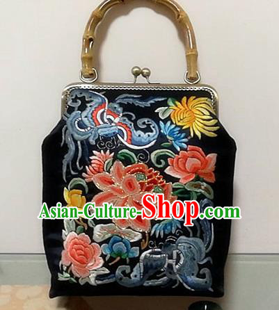 Chinese Traditional Handmade Embroidery Craft Embroidered Peony Black Handbag