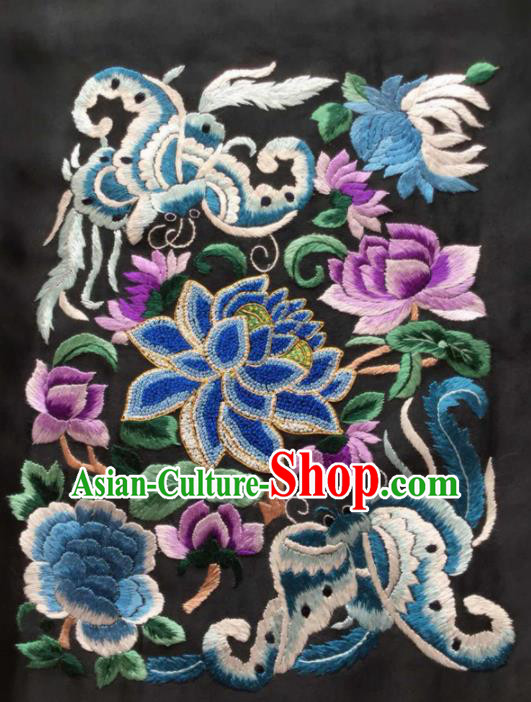Chinese Traditional Handmade Embroidery Craft Embroidered Lotus Butterfly Black Silk Patches
