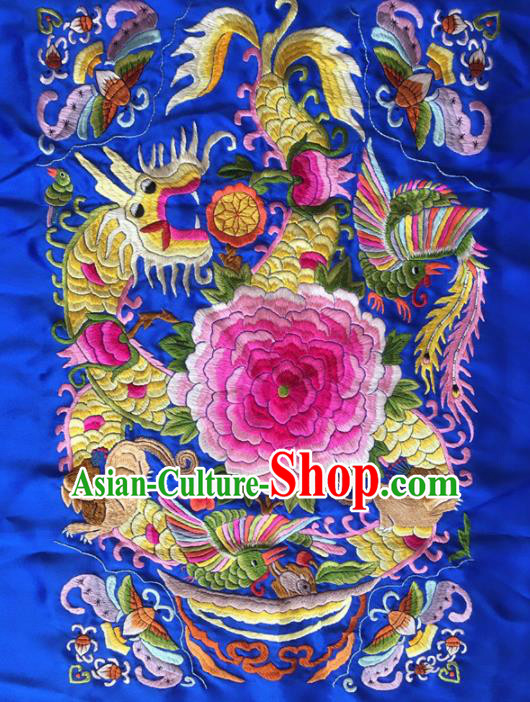 Chinese Traditional Handmade Embroidery Craft Embroidered Dragon Peony Blue Silk Patches