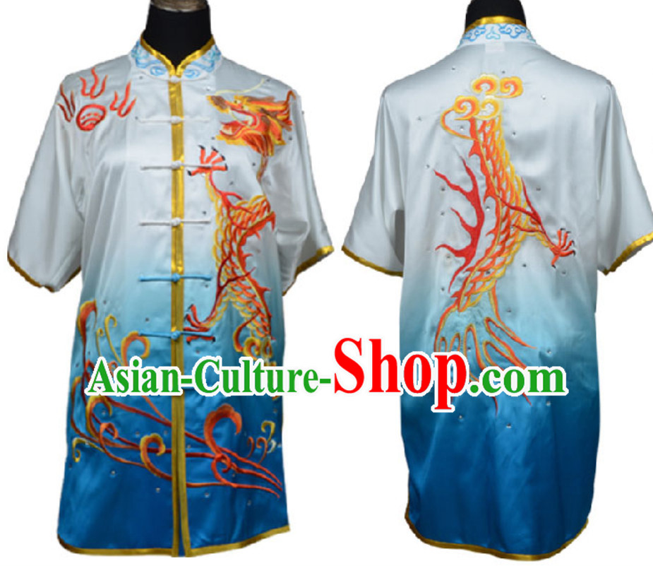 Top Color Transition Chinese Embroidered Phoenix Dragon Gongfu Outfits Martial Arts Suit Complete Set for Men or Women