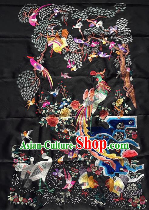Chinese Traditional Embroidered Phoenix Black Silk Patches Handmade Embroidery Craft Cloth Fabric