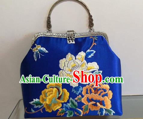 Chinese Traditional Embroidered Peony Blue Handbag Handmade Embroidery Craft