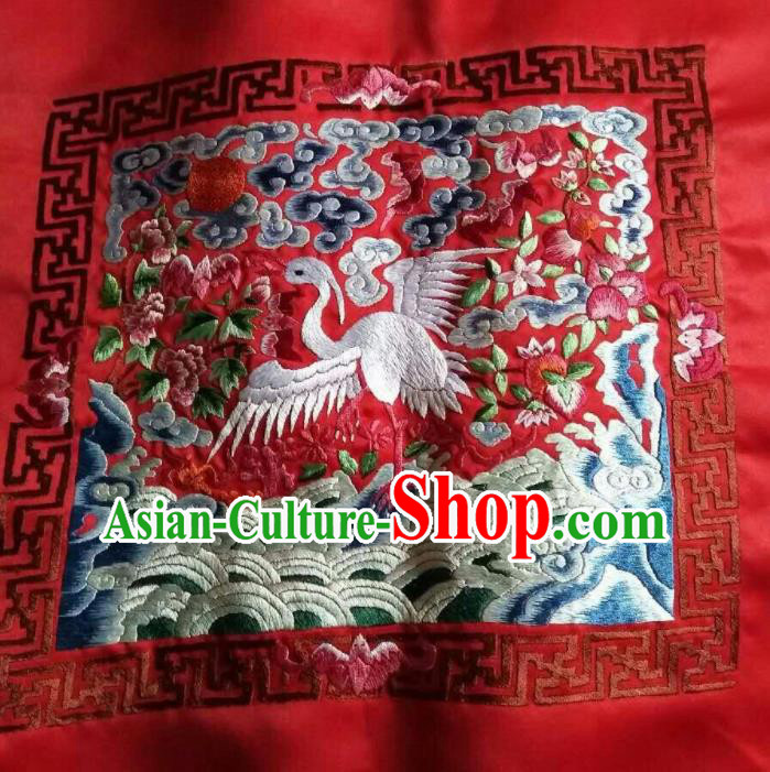 Asian Chinese Traditional Embroidered Crane Red Silk Patches Handmade Embroidery Craft