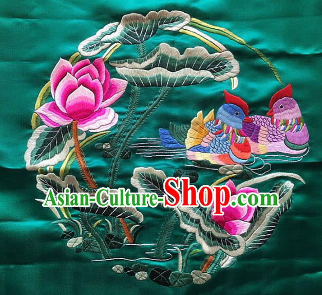 Asian Chinese Traditional Embroidered Mandarin Duck Lotus Green Silk Patches Handmade Embroidery Craft