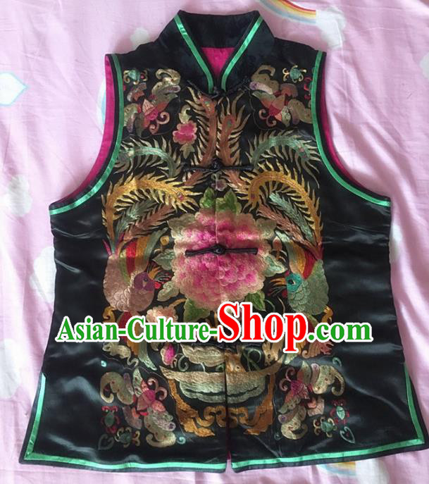Chinese Traditional Silk Costume Tang Suit Embroidered Peony Black Silk Vest for Women