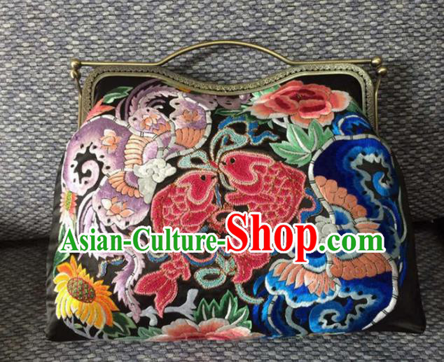 Chinese Traditional Embroidered Fishes Black Handbag Handmade Embroidery Craft Silk Bags