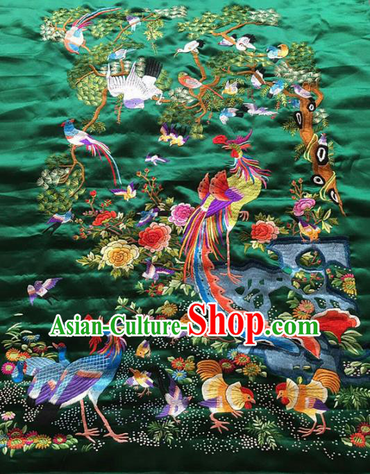 Asian Chinese Traditional Embroidered Peacock Birds Green Silk Patches Handmade Embroidery Craft