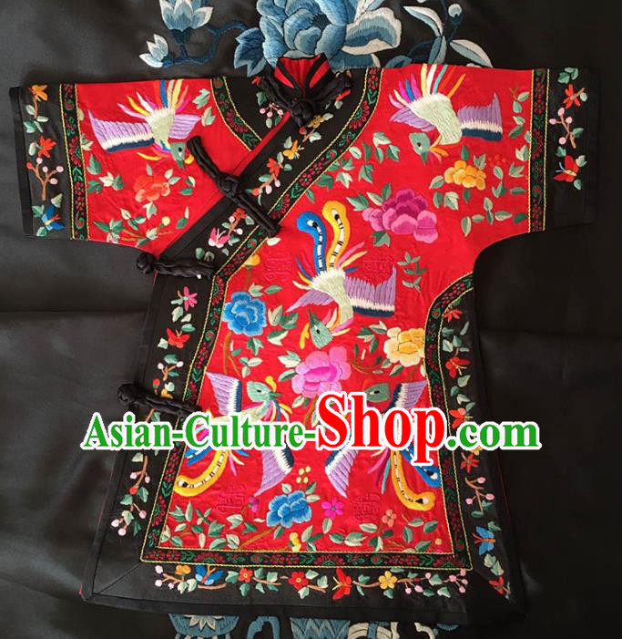 Chinese Traditional Silk Costume Tang Suit Embroidered Phoenix Peony Red Silk Blouse for Kids