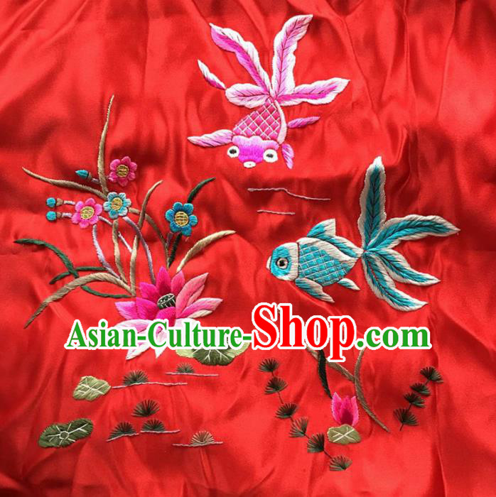 Asian Chinese Traditional Embroidered Fishes Lotus Red Silk Patches Handmade Embroidery Craft