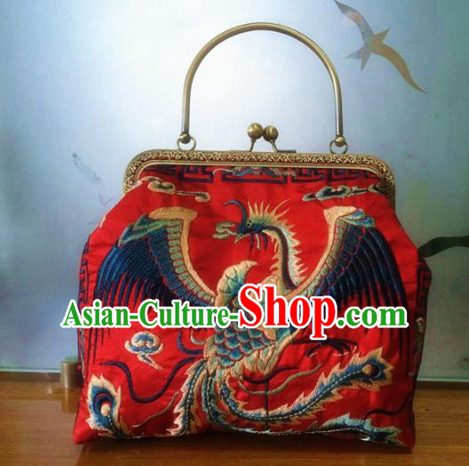 Chinese Traditional Embroidered Phoenix Red Handbag Handmade Embroidery Craft Silk Bags