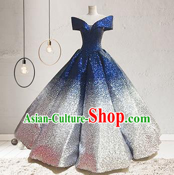 Top Grade Stage Performance Costumes Elegant Blue Sequins Full Dress for Women