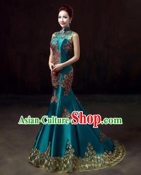 Chinese Traditional Costumes Elegant Embroidered Peacock Cheongsam Full Dress for Women