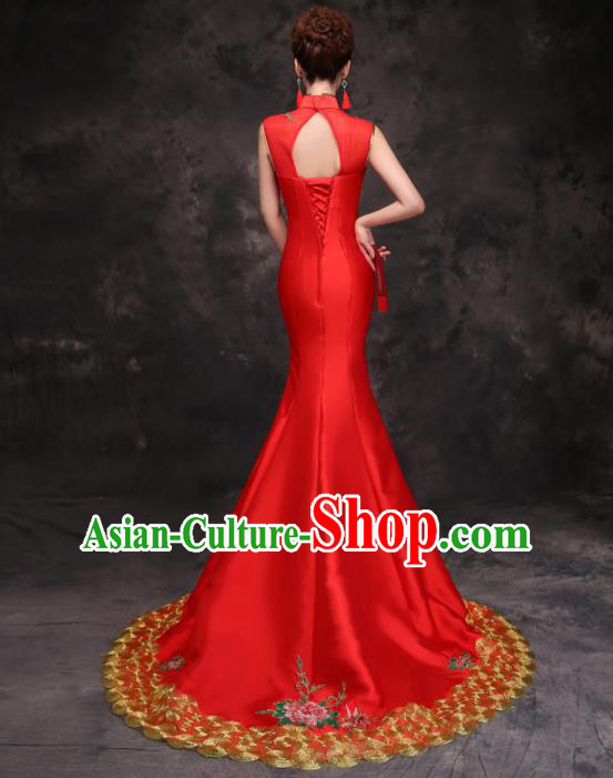 Chinese Traditional Costumes Elegant Embroidered Peony Red Cheongsam Full Dress for Women