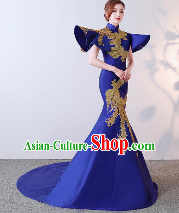 Chinese Traditional Costumes Elegant Royalblue Full Dress Wedding Trailing Qipao Dress for Women