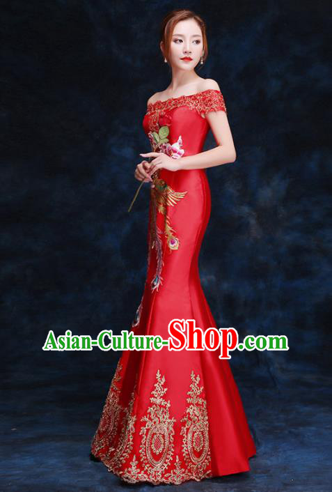 Chinese Traditional Costumes Elegant Embroidered Phoenix Full Dress Wedding Qipao Dress for Women
