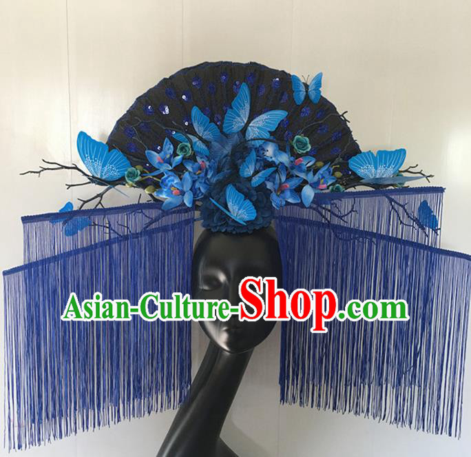 Top Halloween Hair Accessories Chinese Traditional Catwalks Blue Tassel Butterfly Headdress for Women