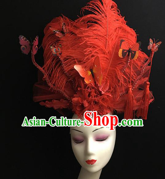 Top Halloween Catwalks Hair Accessories Brazilian Carnival Red Feather Headdress for Women